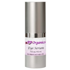 A silver bottle with a label. The label has the BB Organics logo and states that it is eye serum.