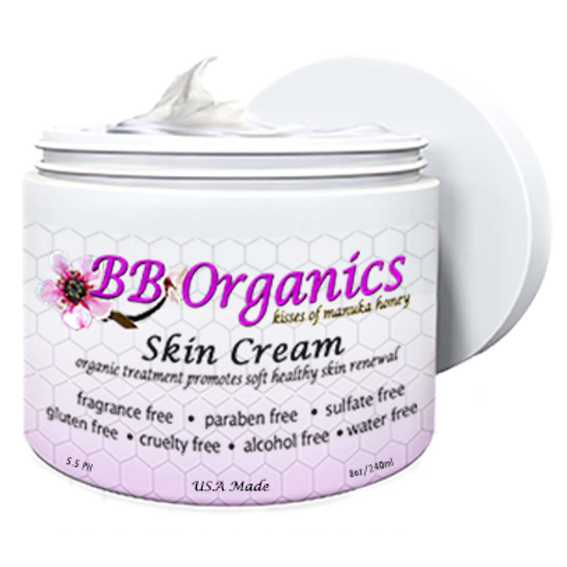 A jar with a label. The label has the BB Organics logo and states that it is skin cream.